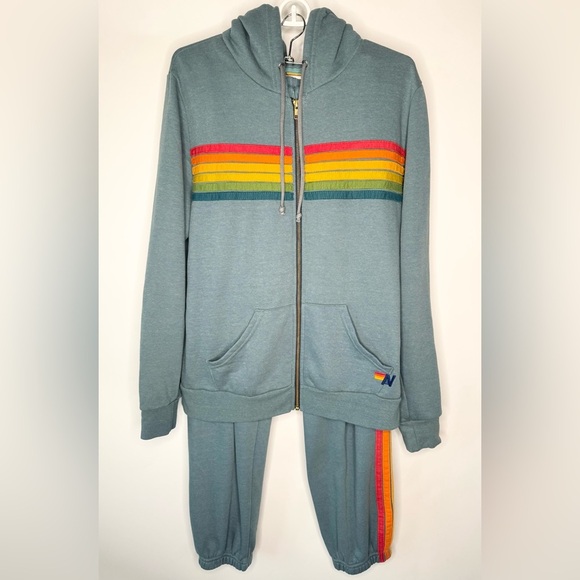 Aviator Nation 6 Stripe Zip Up Hoodie and Sweatpants with Pockets Set - Picture 3 of 17